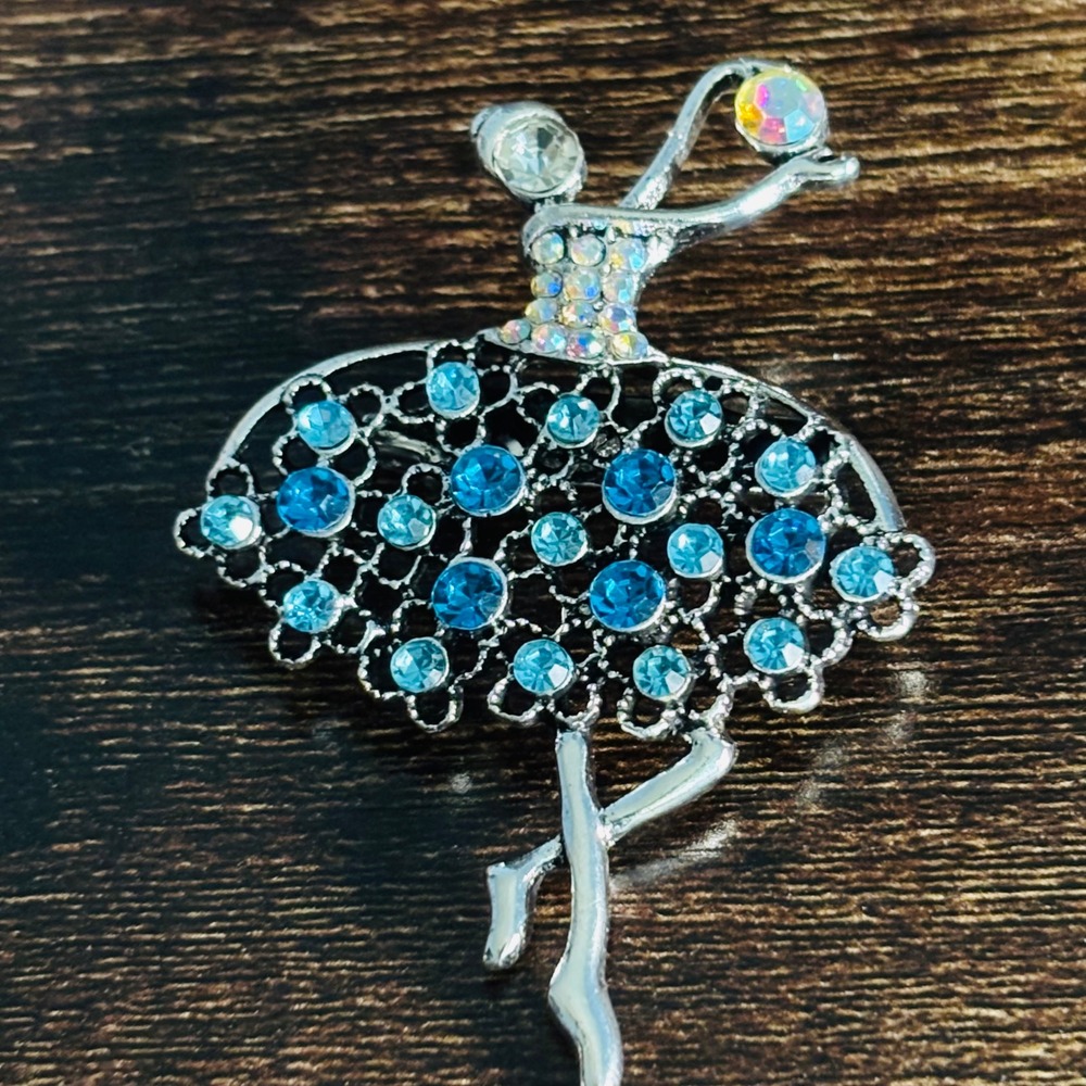Silver Tone Ballerina Brooch Blue Rhinestone AB Crystal Dancer Pin